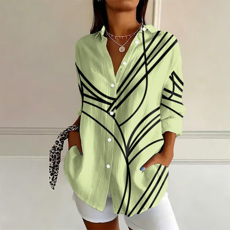 Casual Abstract Line Print Long Sleeve Blouse - Green - 4XL - image 5