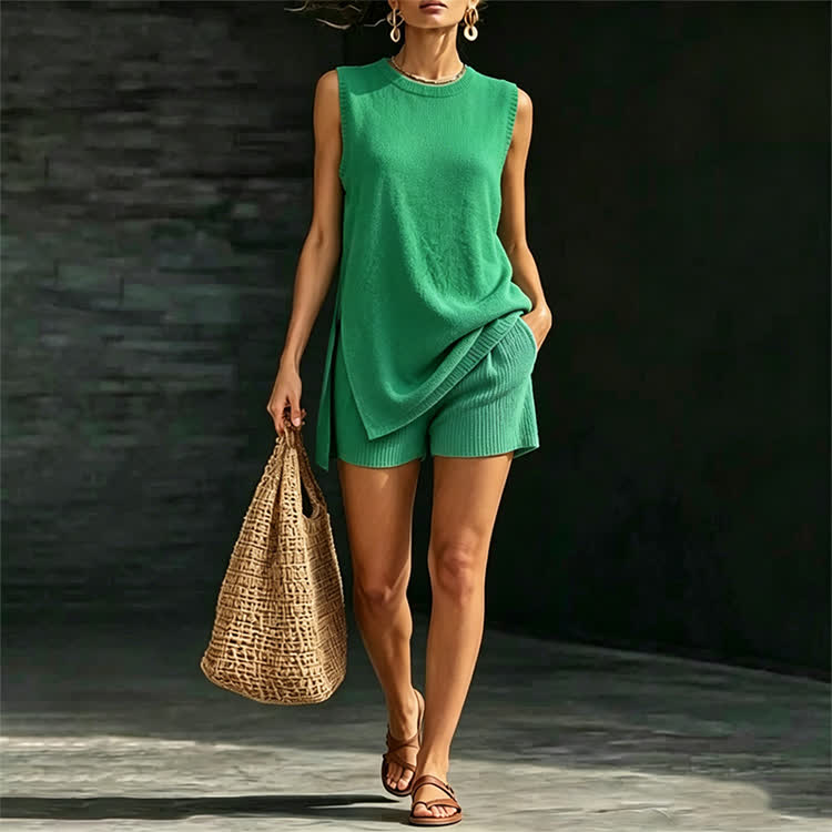 Solid Sleeveless Knit Sweater High Side Slit Top & Short 2 Piece Set - Green - 3XL - image 15