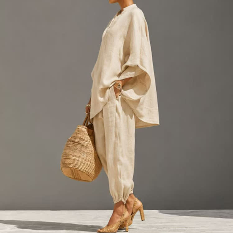 Elegant Solid V-neck Long-sleeve Loose Blouse & Bloomers Pants - image 3