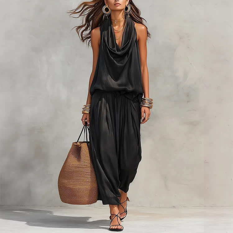 Elegant Draped Halter Neck Sleeveless Vest Top & Bloomers Pants Set - Black - 3XL - image 5