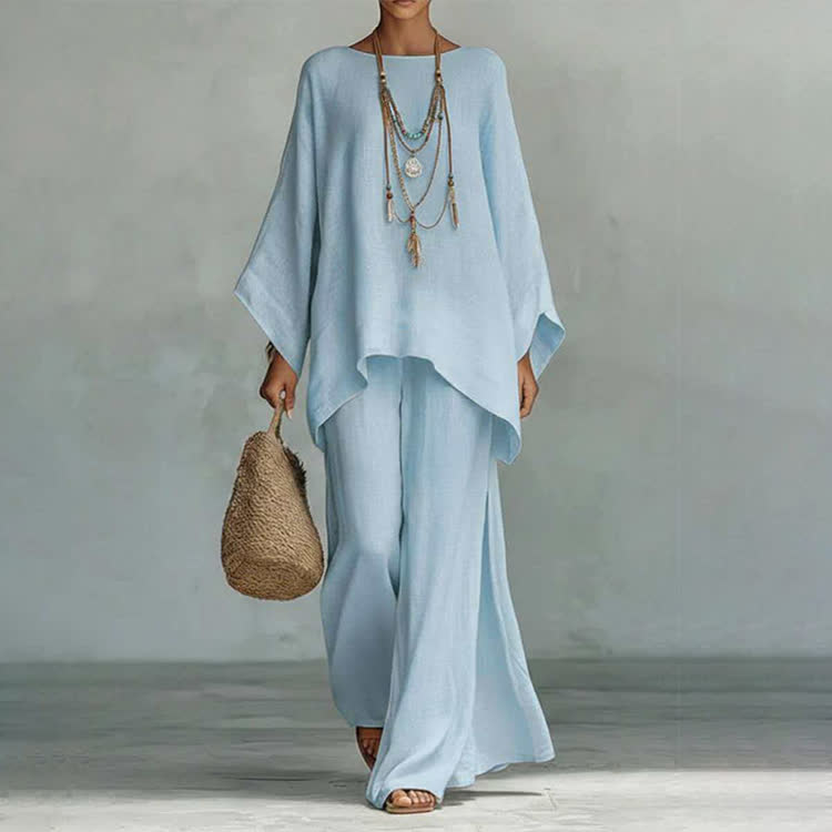 Solid Casual Texture 3/4 Batwing Sleeve Shirt & Wide-leg Pants Set - Light Blue - 3XL - image 14
