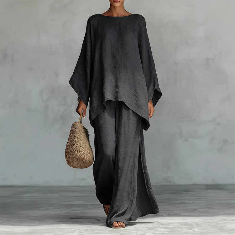 Solid Casual Texture 3/4 Batwing Sleeve Shirt & Wide-leg Pants Set - Dark Grey - 3XL - image 16