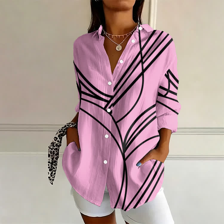 Casual Abstract Line Print Long Sleeve Blouse - Pink - 4XL - image 6