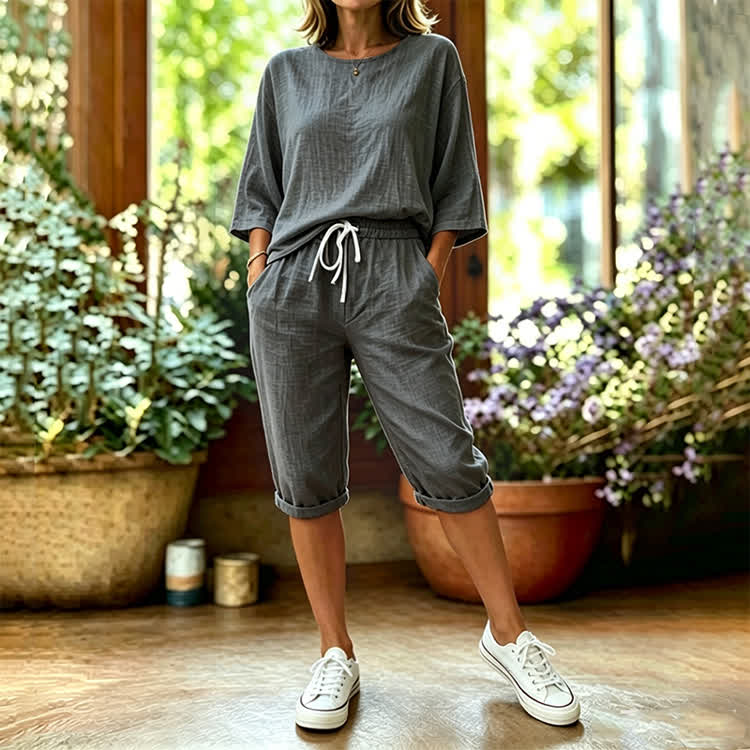 Elegant Solid Print 3/4 Sleeve Casual Blouse & Pocket Mid Short Set - Dark Grey - 4XL - image 8