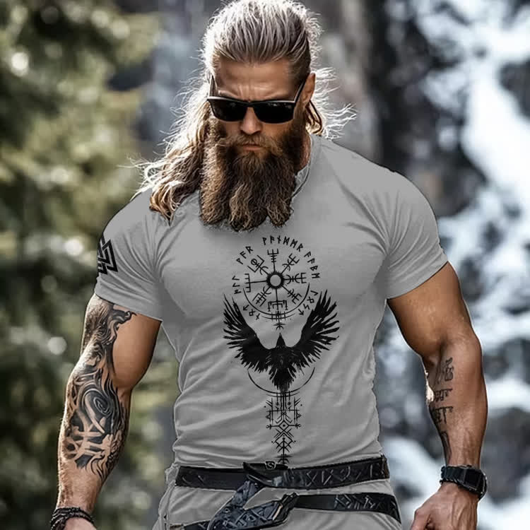 Vintage Viking Tribal Celtic Bird Print Round-neck T-shirt - Grey - 8XL - image 4