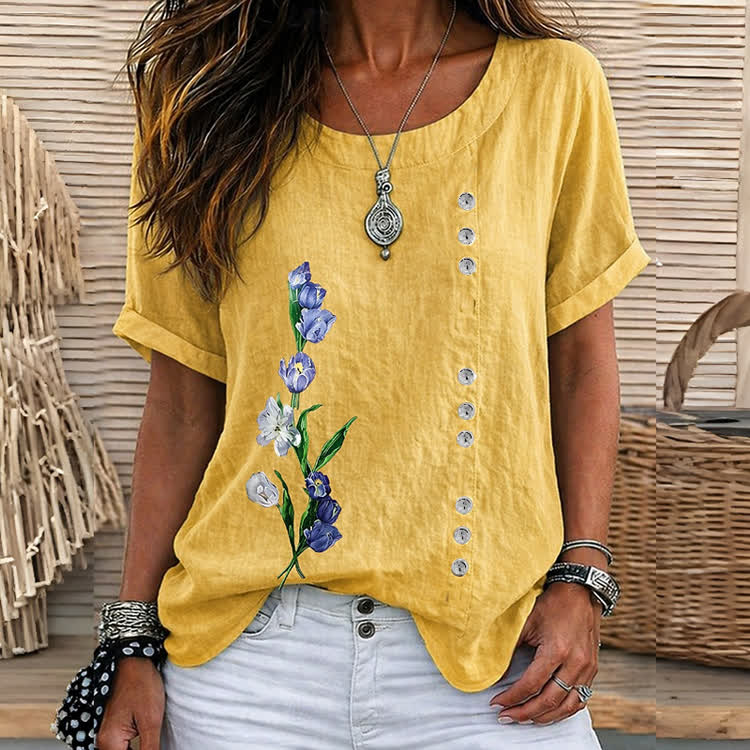 Casual Tulip Art Print Short Sleeve Blouse - Yellow - 5XL - image 3