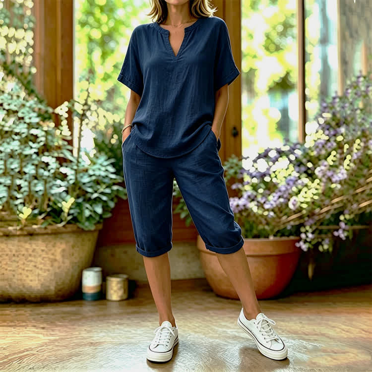Solid Color Short Sleeve Casual Blouse & Pocket Mid Short Set - Navy Blue - 4XL - image 8