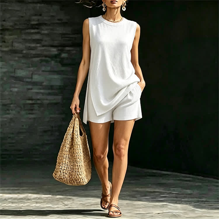 Solid Sleeveless Knit Sweater High Side Slit Top & Short 2 Piece Set - White - 3XL - image 5