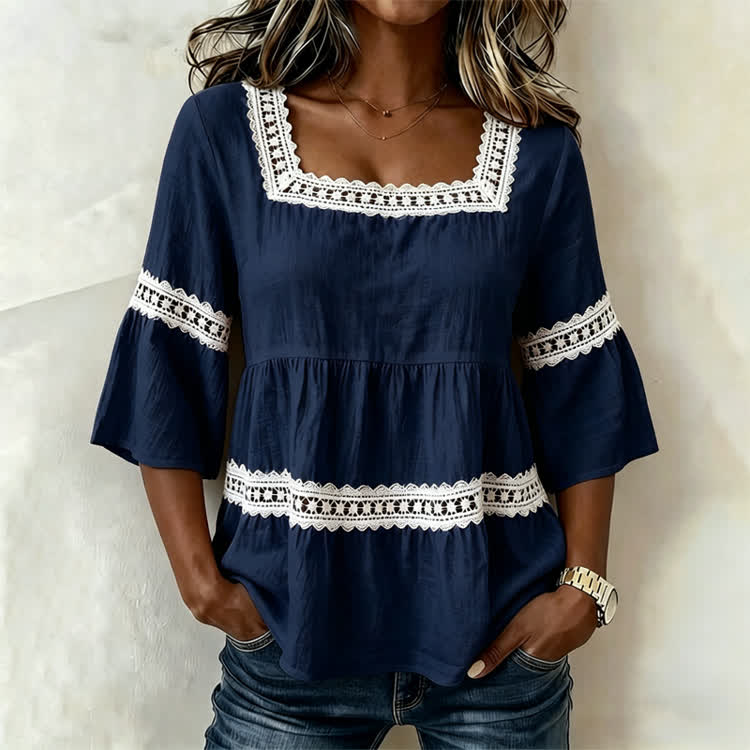 Elegant Solid Lace Splicing Square neck Half-sleeve A-line Blouse - Navy Blue - 4XL - image 6