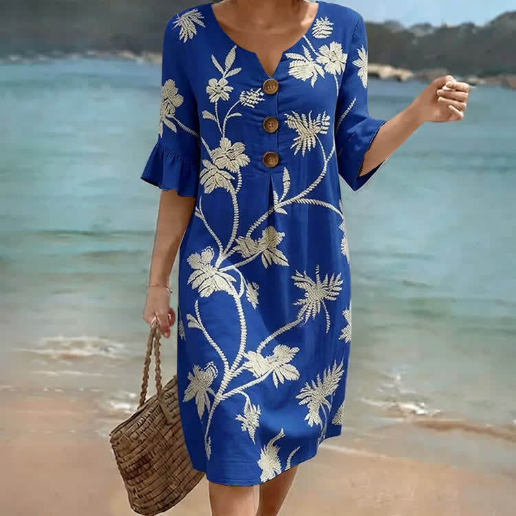 Boho Floral Notched Collar Button Ruffled Half Midi Dress - Blue - US 22 (4XL) - image 4