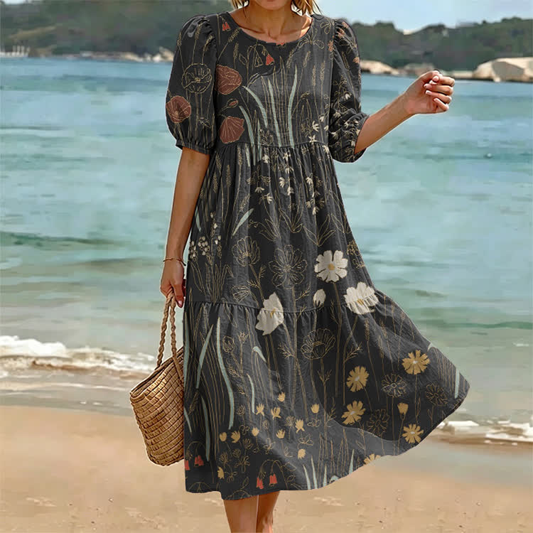 Botanical Art Pattern Print Casual Loose Dress - Black - US 24 (5XL) - image 4
