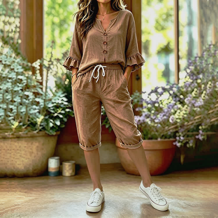 Solid Color Print Button V-neck Ruffle Sleeves Blouse & Pocket Mid Short Set - Khaki - 4XL - image 3