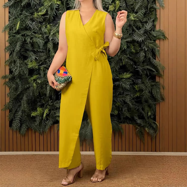 Elegant Solid Overlapping Straps V-neck Sleeveless Jumpsuit - Yellow - 5XL - image 3