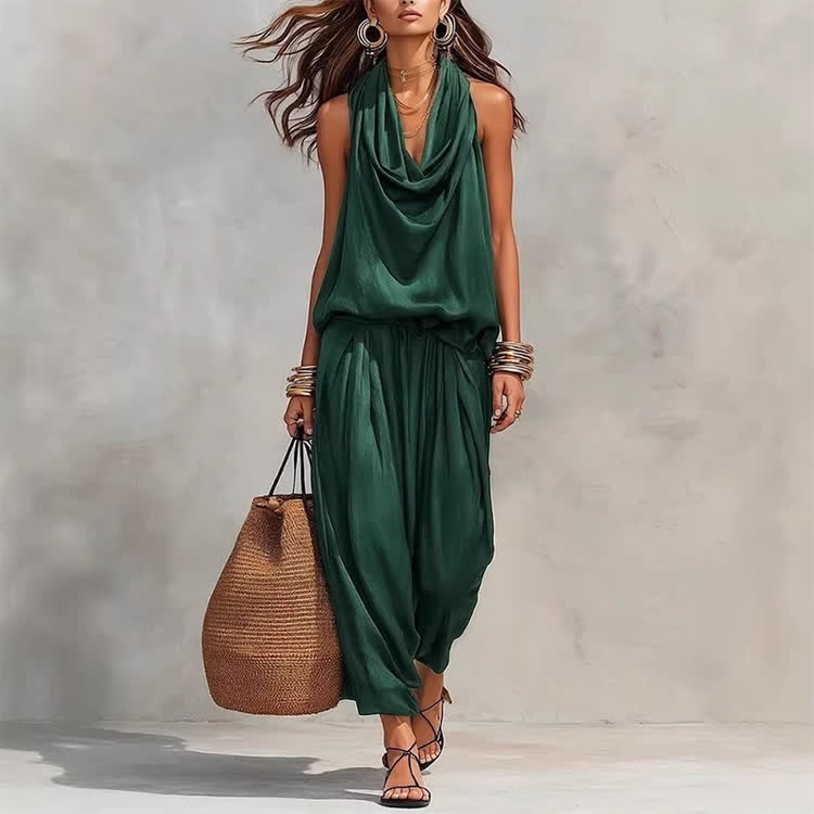 Elegant Draped Halter Neck Sleeveless Vest Top & Bloomers Pants Set - Green - 3XL - image 6