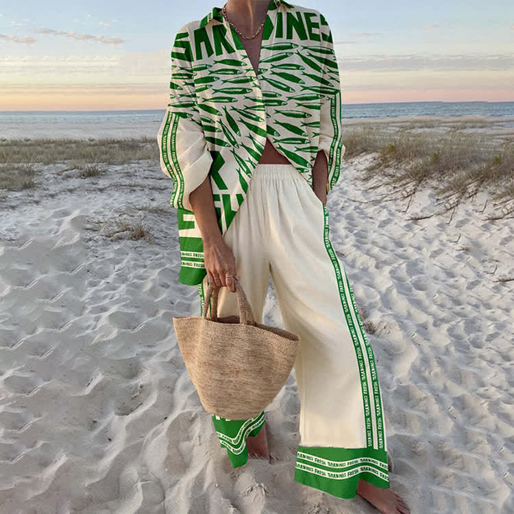 Beach-vacation Sardines Long Sleeve Loose Shirt & Pocket Wide-leg Pants Set - Green - US 22 (4XL) - image 3