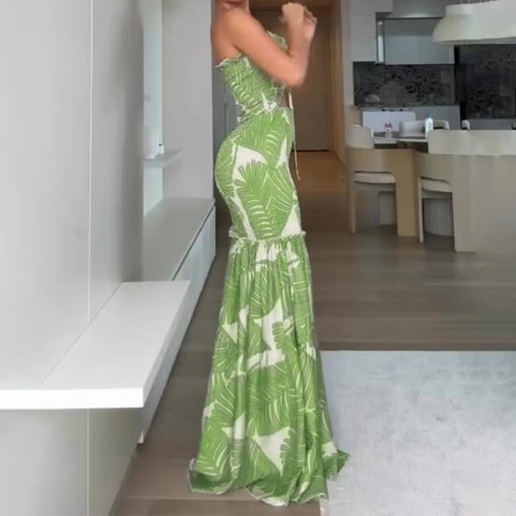 Boho Resort Tropical Palm Leaf Print Smocking Tie-front Strapless Top Mermaid Maxi Dress - image 6