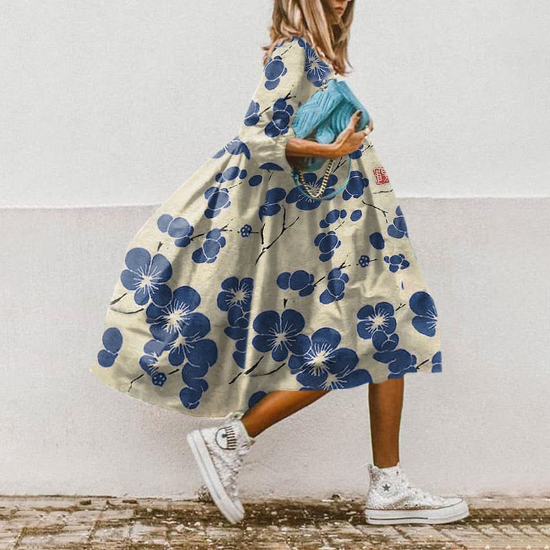 Cherry Blossom Japanese Lino Art Vintage Print Dress - Blue - 5XL - image 3