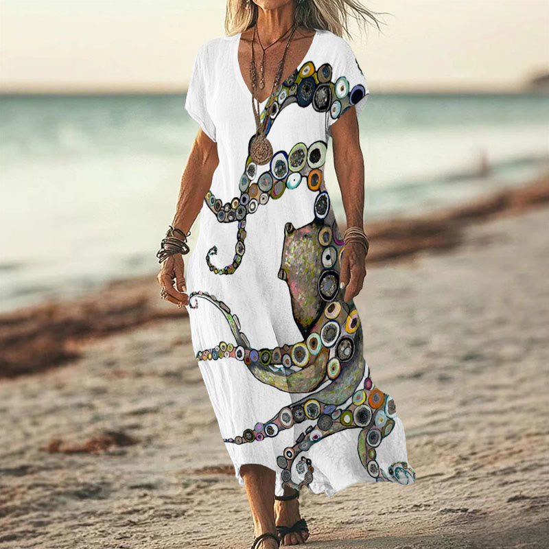 Colorful Octopus Oil Painting Print V-neck Dress - White - 6XL - image 5