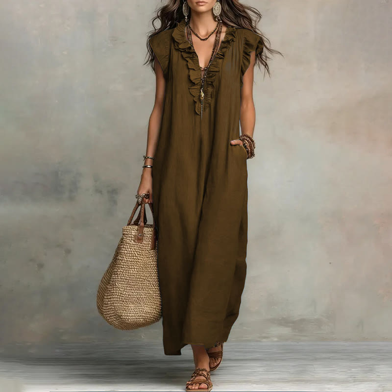 Women's Solid V-neck Sleeveless Ruffled Maxi Dress - Brown - 2XL - image 4