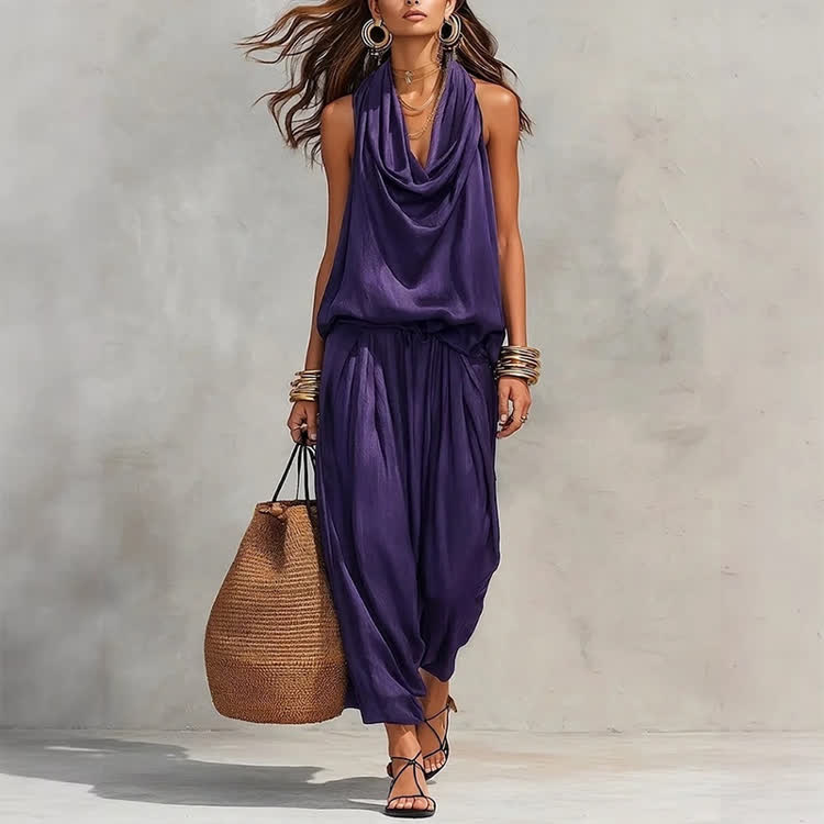 Elegant Draped Halter Neck Sleeveless Vest Top & Bloomers Pants Set - Purple - 3XL - image 7