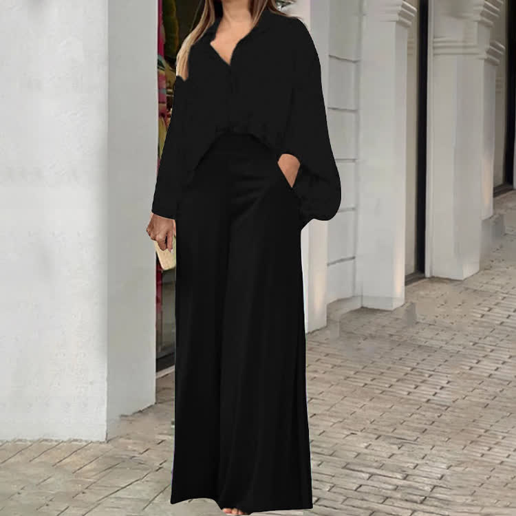 Elegant Color Block Print Turn-down Collar Lantern-sleeve Shirt & Large Pocket Wide-leg Pants Set - Black - 3XL - image 4