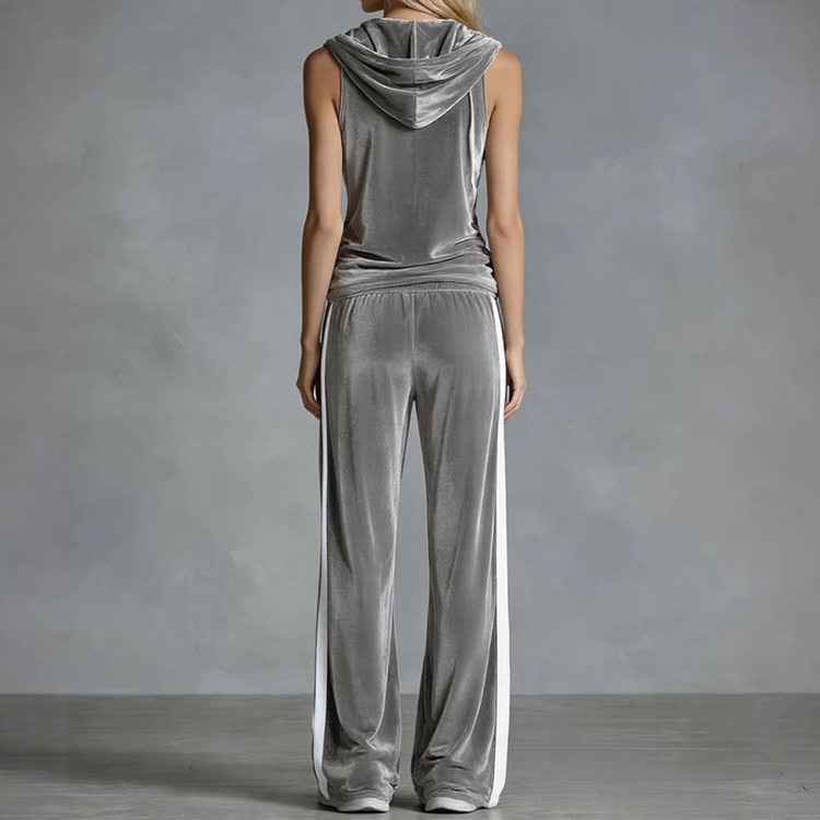 Solid Velvet Striped Paneling Drawstring Hood Sleeveless Top & Pants - image 7