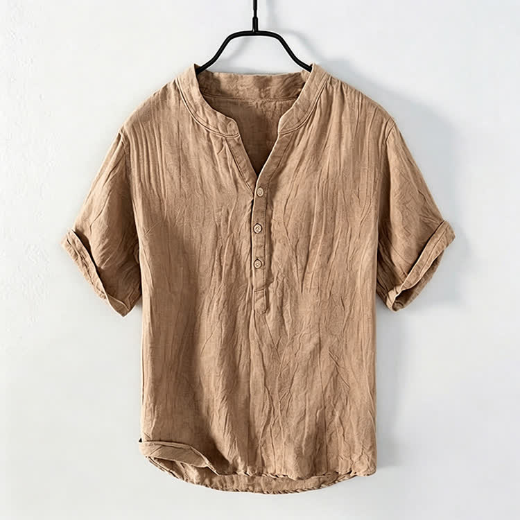 Cozy Fit Solid Short-sleeve Henley Shirt - Khaki - 5XL - image 7