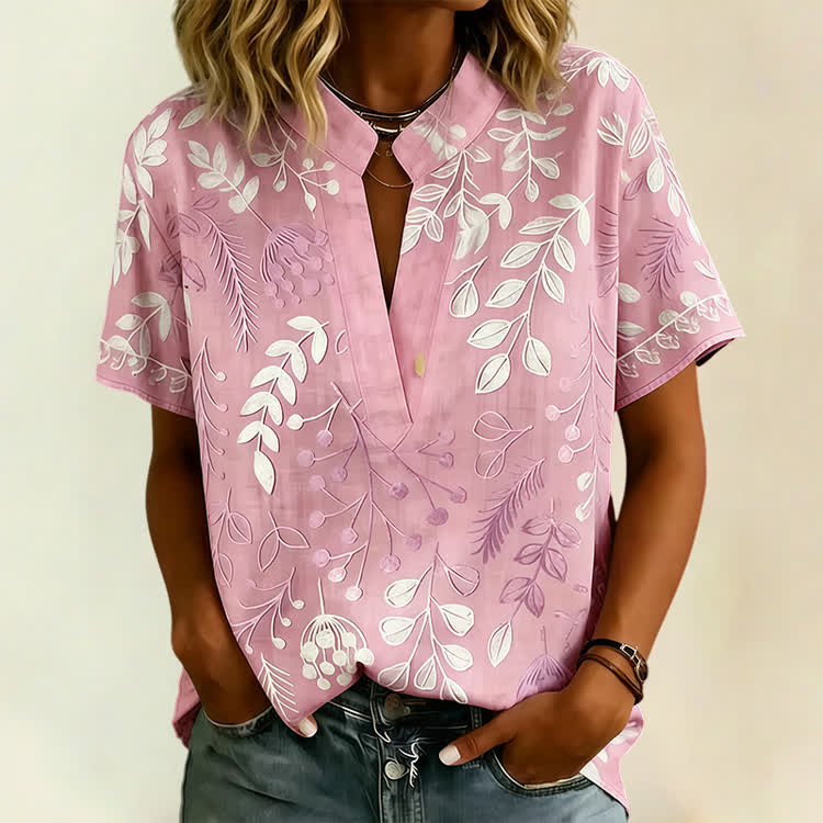 Elegant Floral Notch-collar Short Sleeve Blouse - Pink - 3XL - image 3