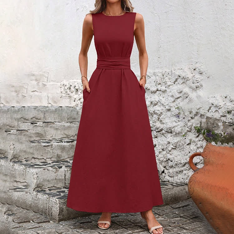 Elegant Solid Waist Tie Sleeveless Round-sleeve Maxi Dress - image 9