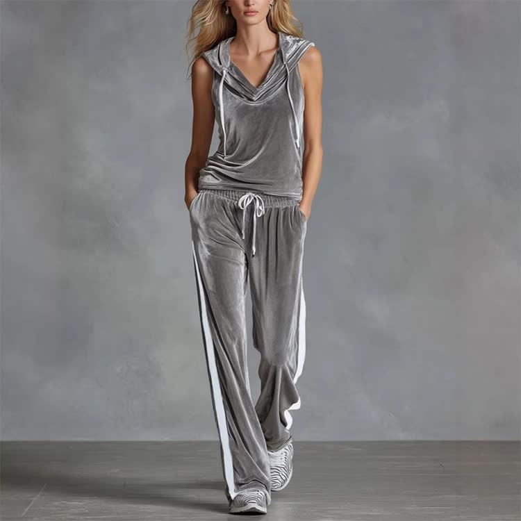 Solid Velvet Striped Paneling Drawstring Hood Sleeveless Top & Pants - Grey - 2XL - image 6