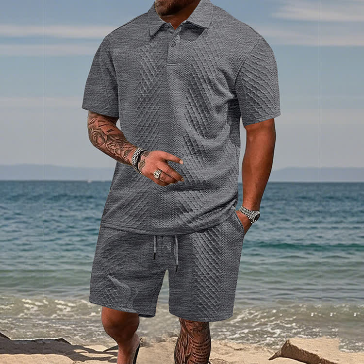 Solid texture Short-sleeve Polo Shirt & Shorts 2-piece Set - Grey - 5XL - image 7