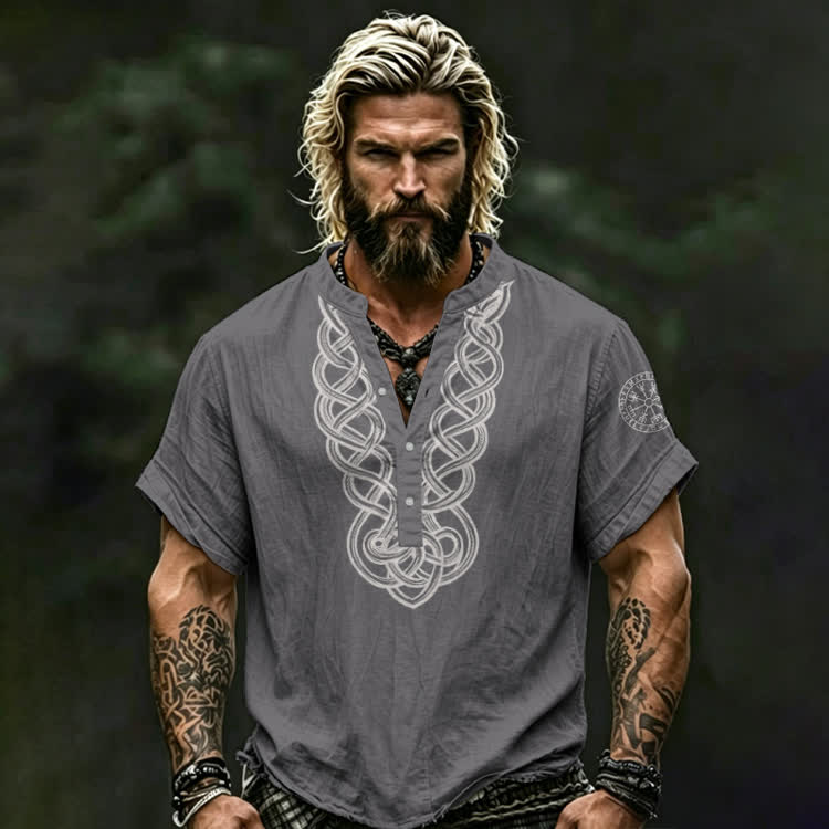 Vintage Viking Knot Print Short Sleeve Half-placket Shirt - Grey - 5XL - image 4