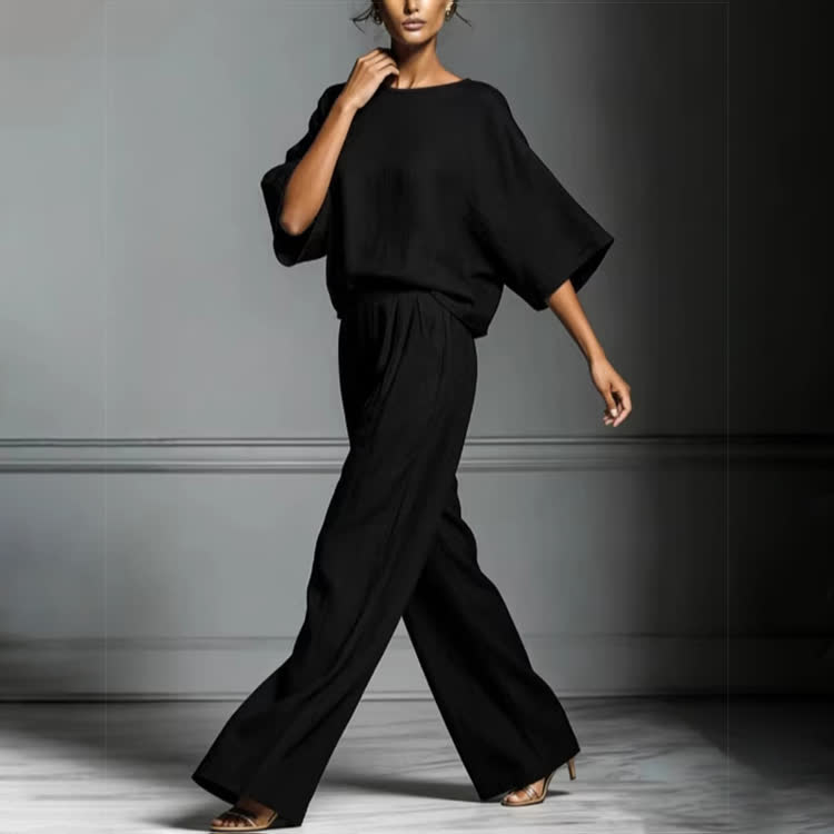 Elegant Solid Round-neck 3/4 Wide-sleeve Blouse & Wide-legs Pants Set - image 5