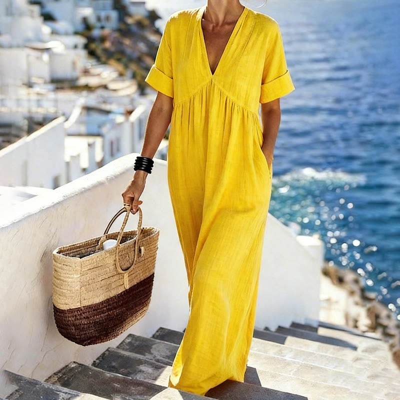 Women's Solid V-neck Short Sleeve Maxi Dress - Yellow - 3XL - image 3