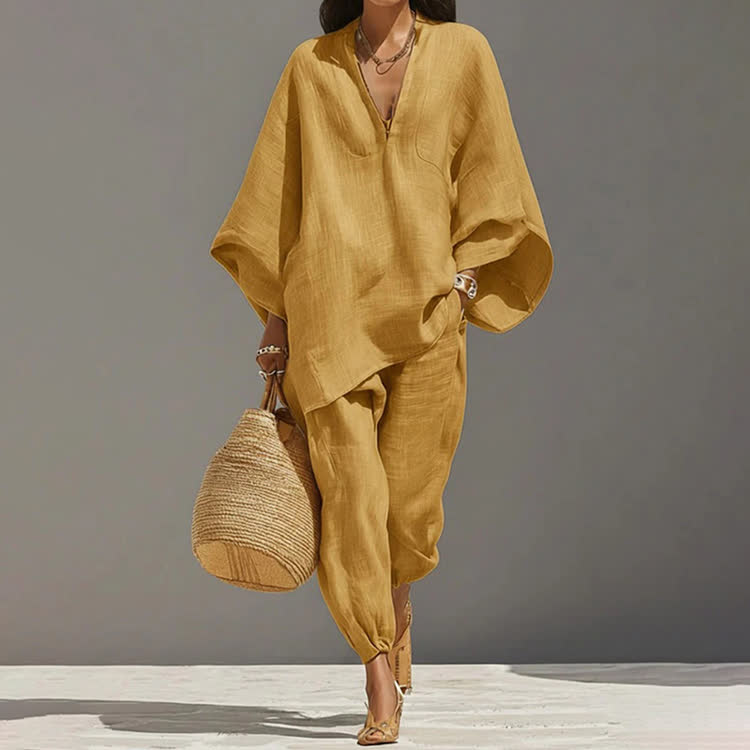 Elegant Solid V-neck Long-sleeve Loose Blouse & Bloomers Pants - Yellow - 3XL - image 12