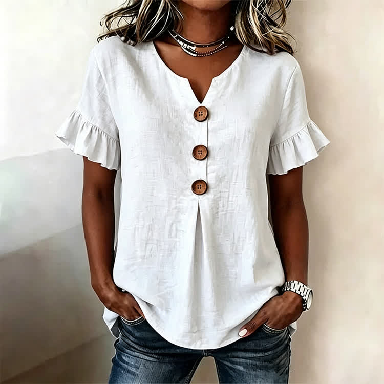 Solid Button Short Ruffle Sleeves V-neck Blouse - White - US32-34(5XL) - image 4