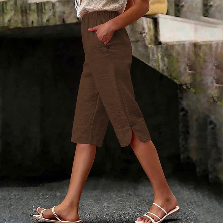 Elegant Solid Cozy Button-slit Hem Casual Pocket Capri Mid Pants  - Brown - 3XL - image 9
