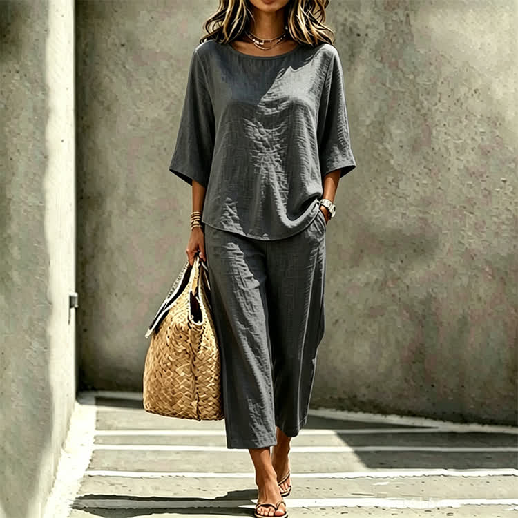 Elegant Solid Print 3/4 Sleeve Casual Blouse & Casual Pocket Pants Set - Dark Grey - 4XL - image 5