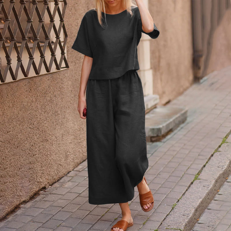 Cozy Solid Loose-fitting Half Sleeve Blouse&wide-leg Pants Set - Black - 5XL - image 4