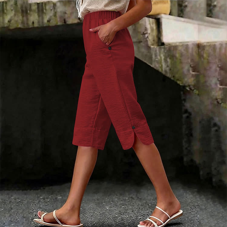 Elegant Solid Cozy Button-slit Hem Casual Pocket Capri Mid Pants  - Wine - 3XL - image 10