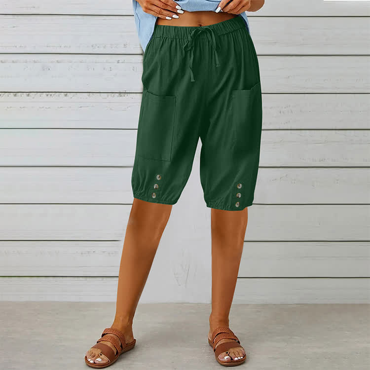 Elegant Solid Cozy Button-tab Hem Casual Pocket Capri Mid Pants  - Dark Green - 3XL - image 6