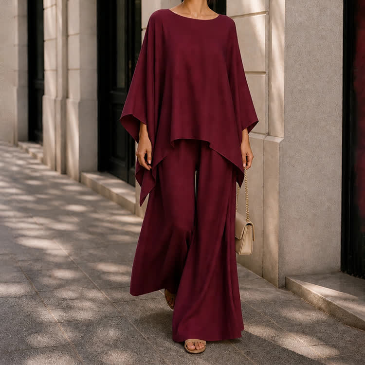 Solid Casual Texture 3/4 Batwing Sleeve Shirt & Wide-leg Pants Set - image 8