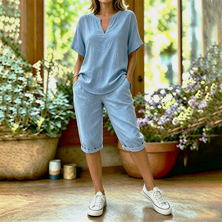 Solid Color Short Sleeve Casual Blouse & Pocket Mid Short Set - Light Blue - 4XL - image 4