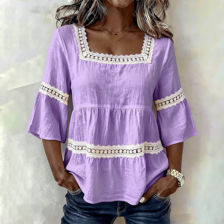 Elegant Solid Lace Splicing Square neck Half-sleeve A-line Blouse - Light Purple - 4XL - image 7