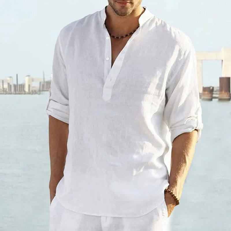Men's Casual Cotton Linen Solid Color Henley Neck Long Sleeve Shirt - White - 5XL - image 1
