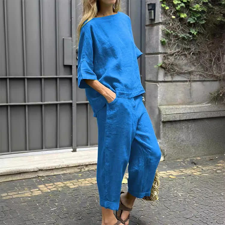 Cozy Solid Round-neck Half Sleeves Blouse & Pants Set - Light Blue - 5XL - image 3
