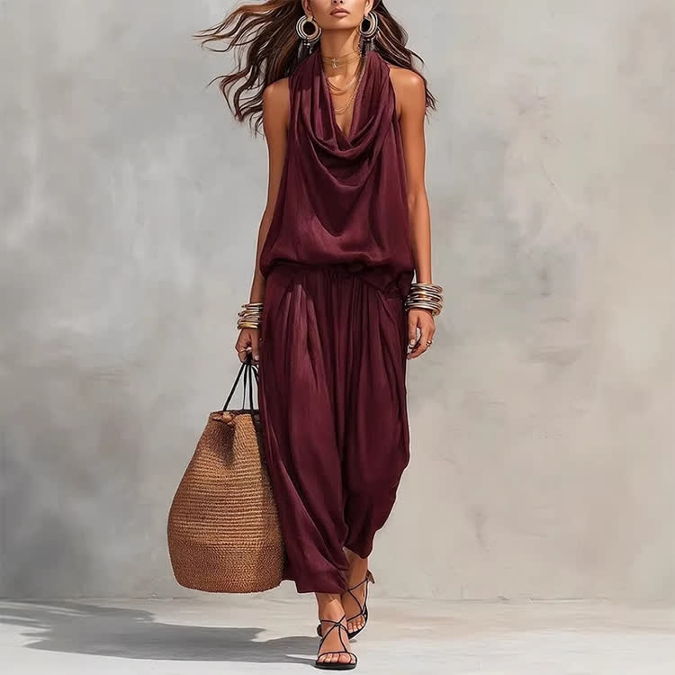 Elegant Draped Halter Neck Sleeveless Vest Top & Bloomers Pants Set - Wine - 3XL - image 3