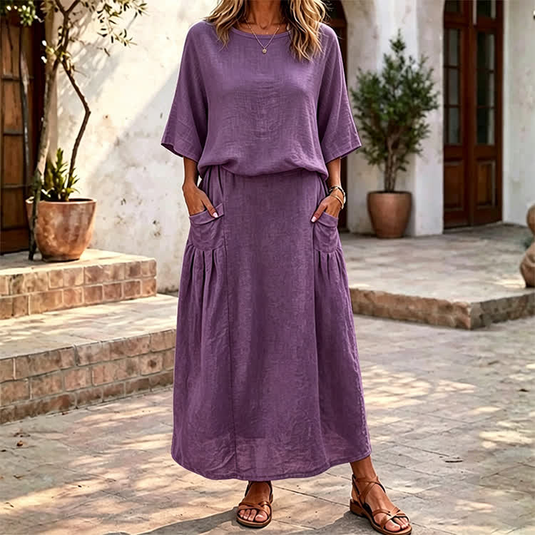 Elegant Solid Print 3/4 Sleeve Casual Blouse & Solid Pocket Skirt Set - Purple - 4XL - image 9