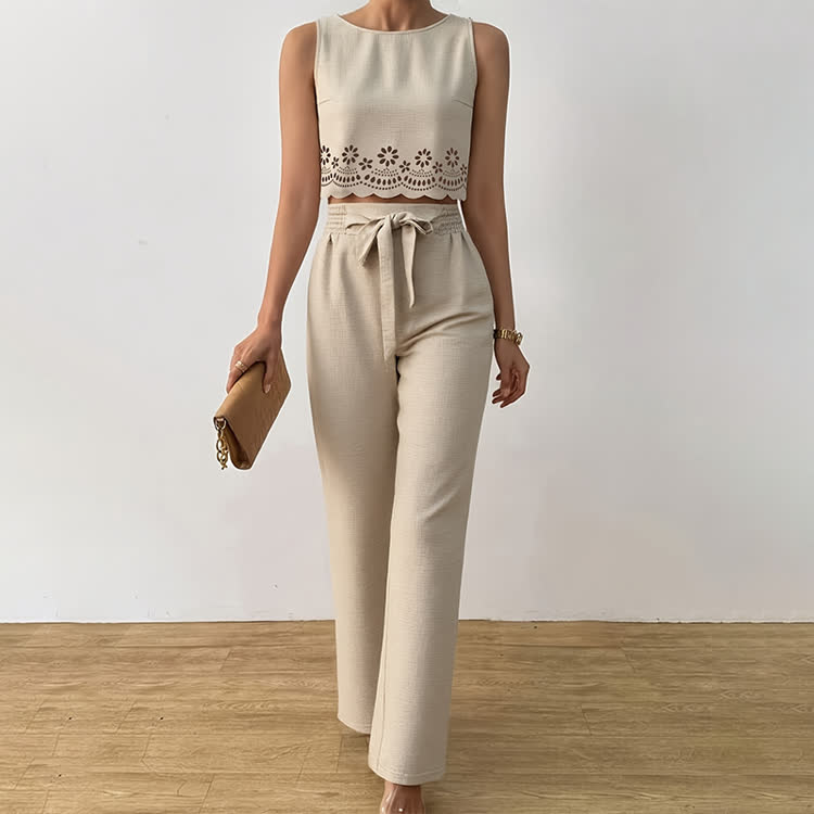 Elegant Solid Burnout Cutwork Round-neck Sleeveless Top & Lacing Pants Set - image 5