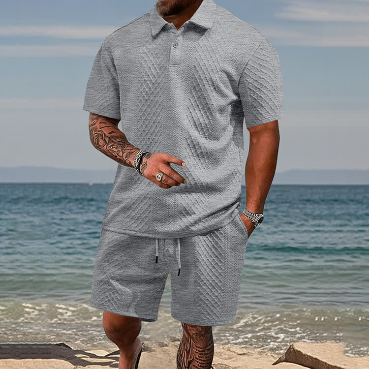 Solid texture Short-sleeve Polo Shirt & Shorts 2-piece Set - Light Gray - 5XL - image 8